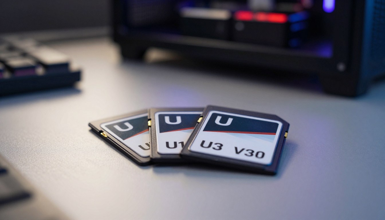 Memory cards showing U1 U3 and V30 speed class markings